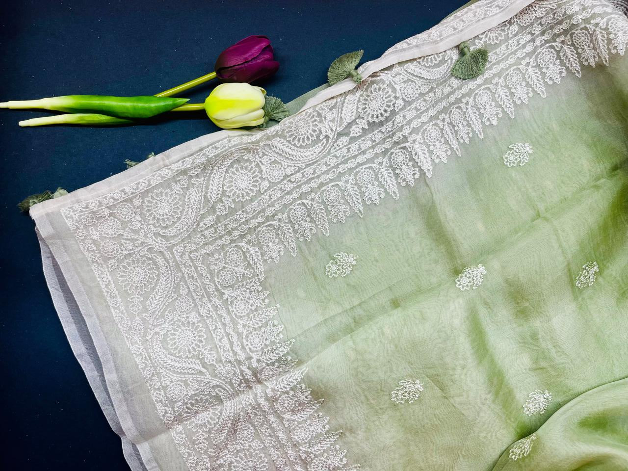 Pure organza embroidery premium saree- Pastel green