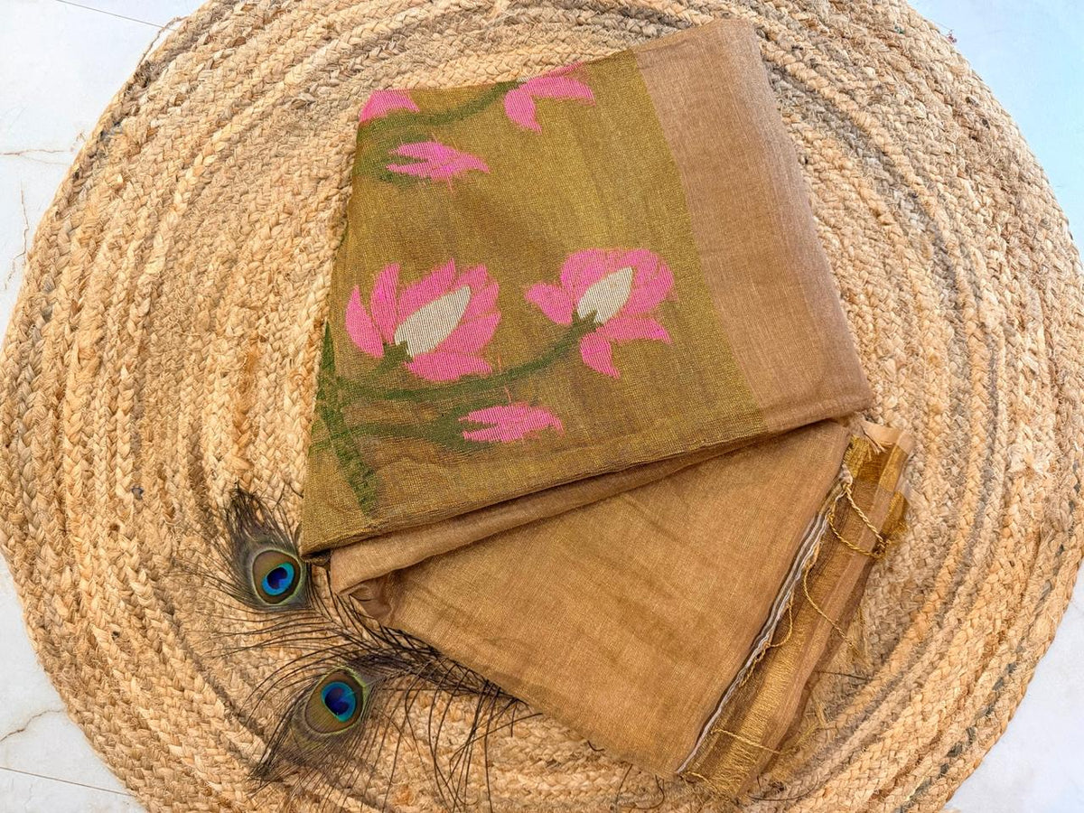 Golden glow- Pure handloom Linen tissue saree