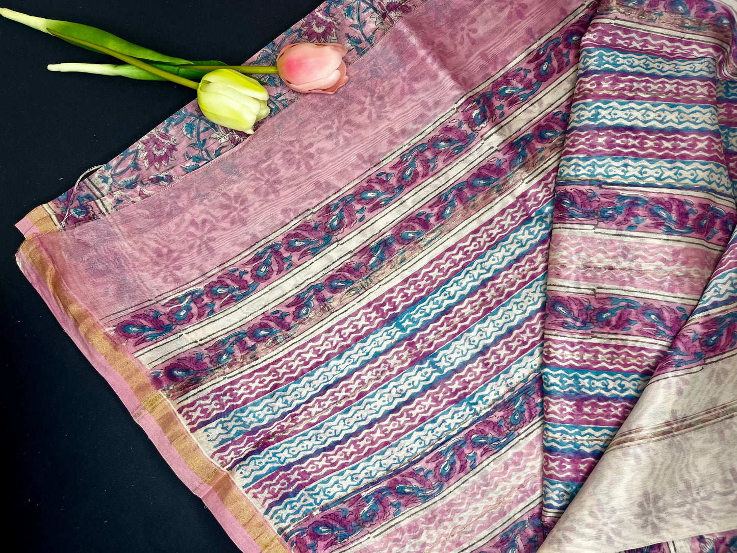 Chanderi silk with floral handblock print- pink