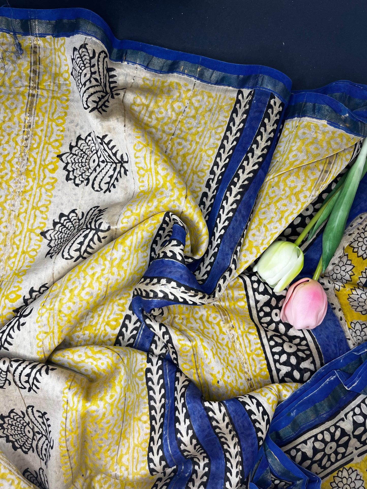 Chanderi silk with floral handblock print- yellow