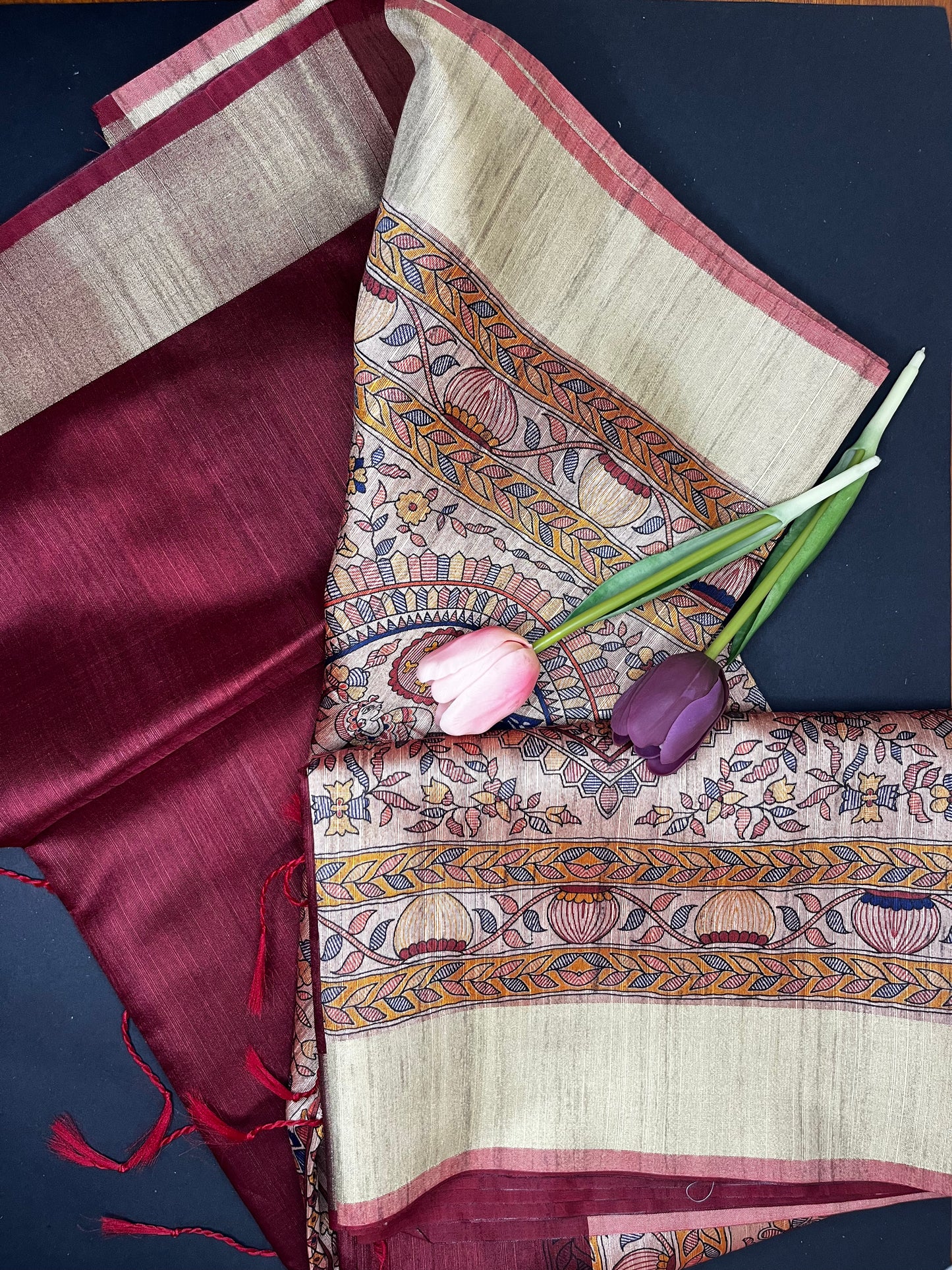 Madhubani print art silk saree- Wine
