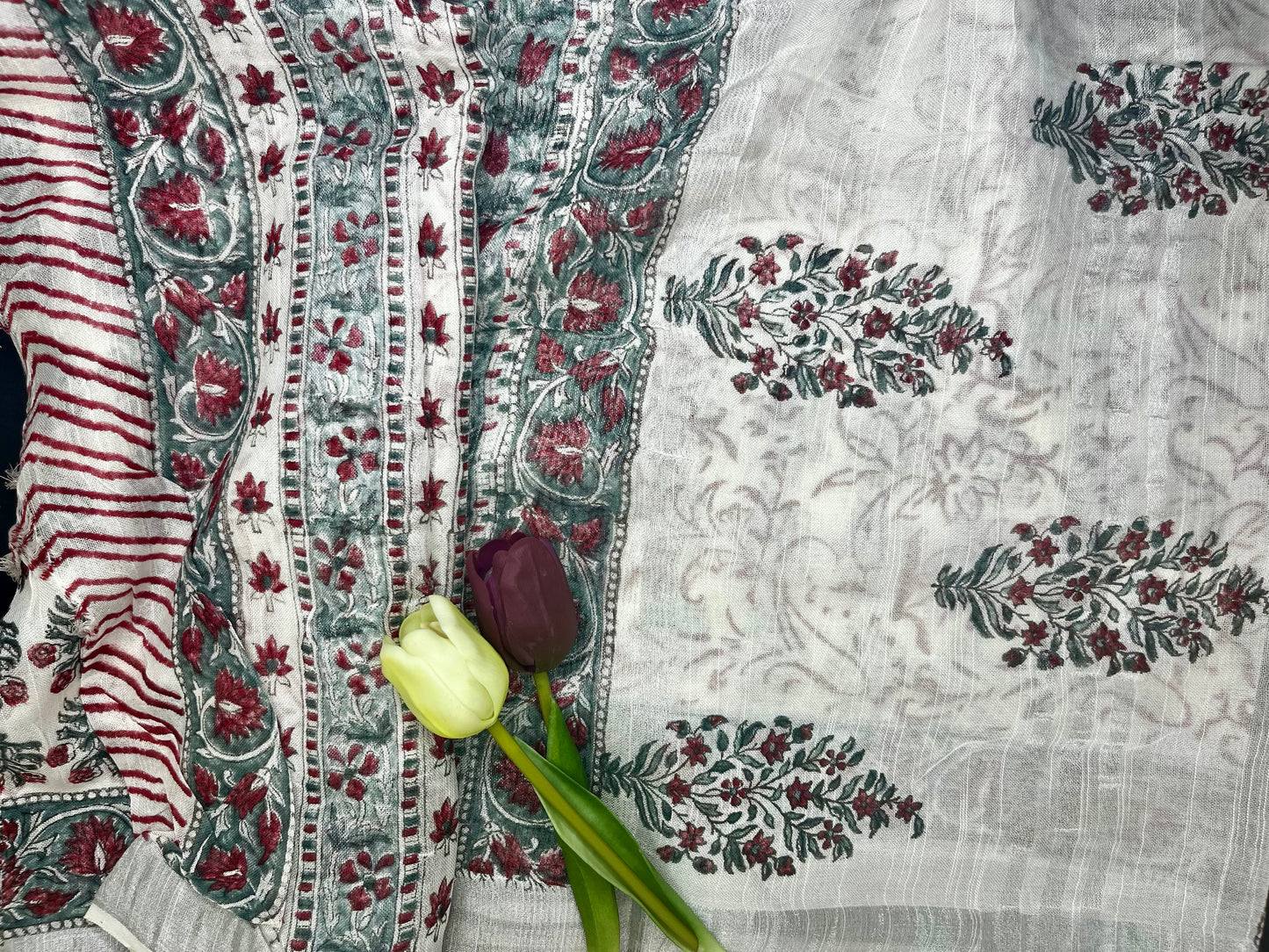 Linen slub floral handblock saree