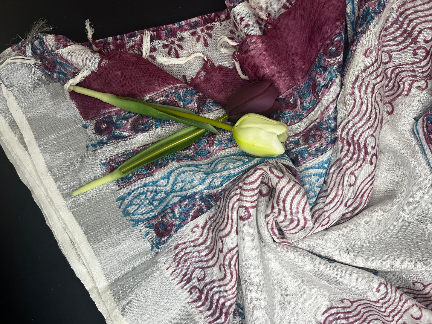 Linen slub floral handblock saree