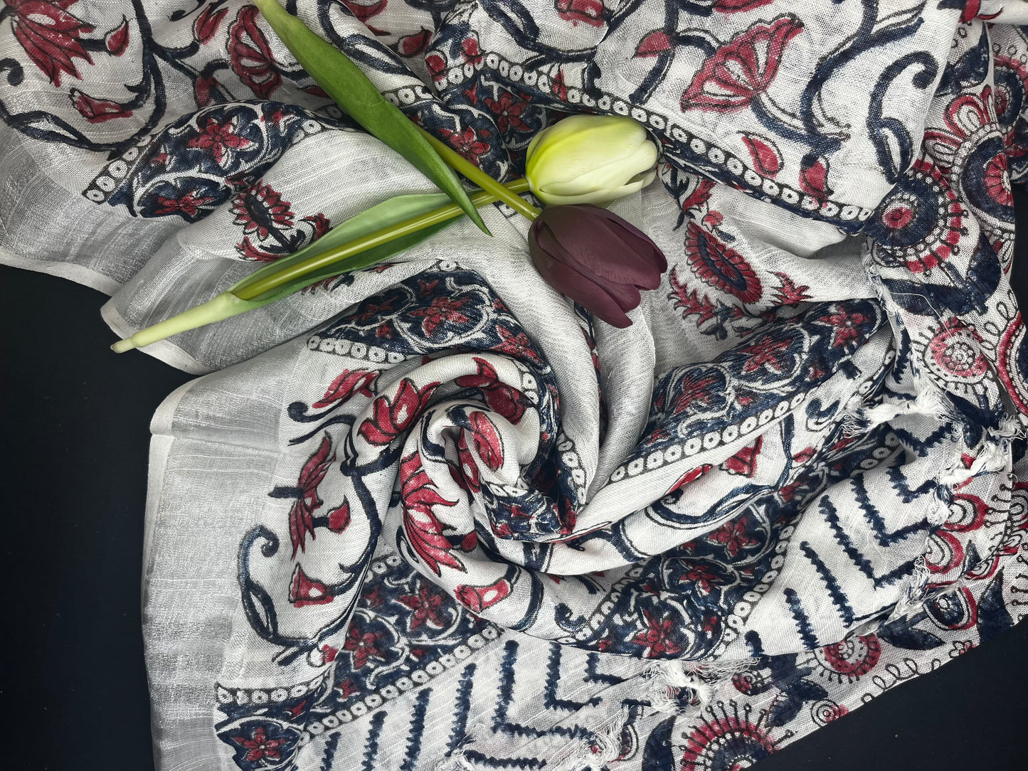 Linen slub floral handblock saree