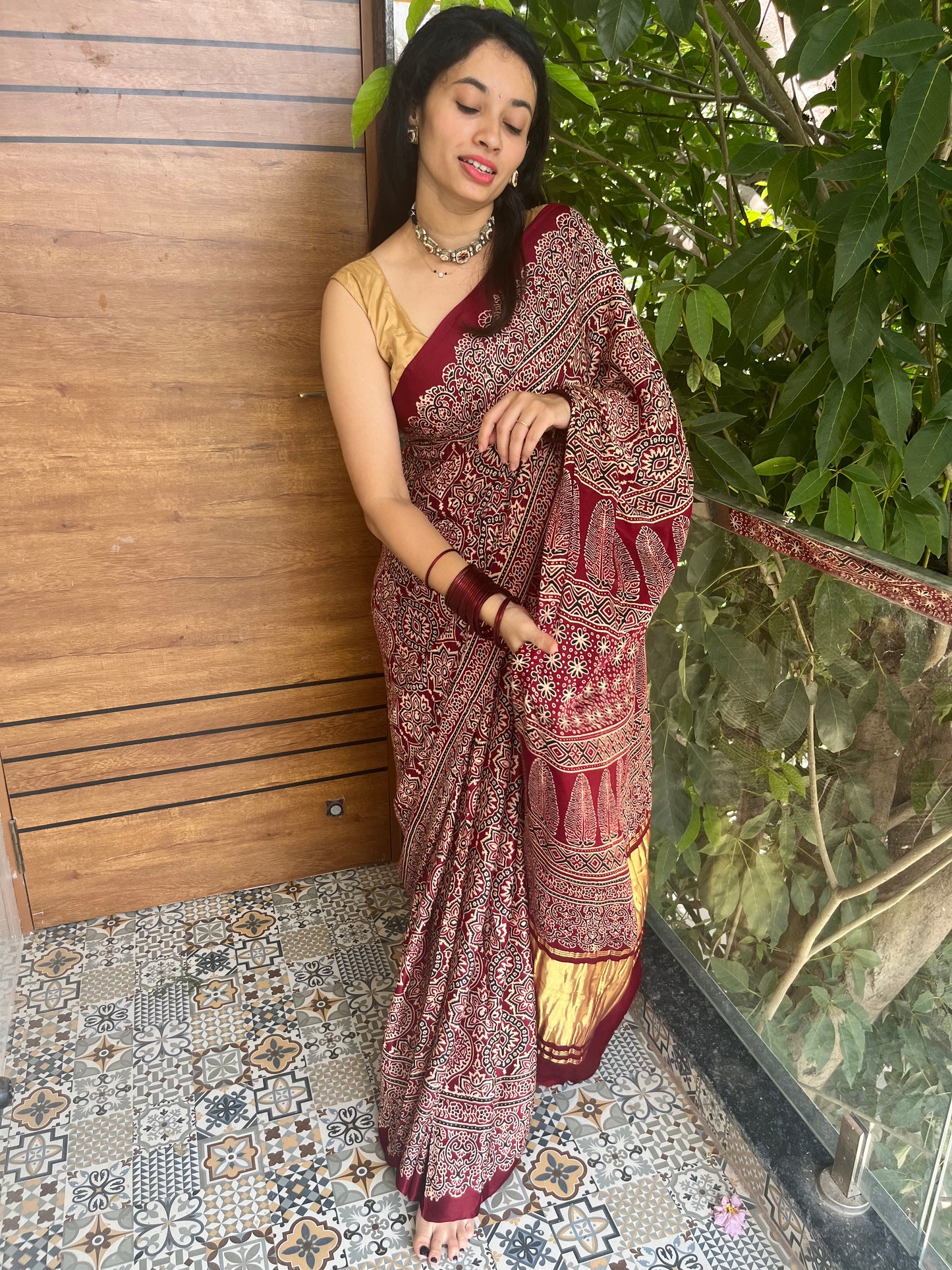 Pure modal silk ajrakh handblock print saree -Maroon