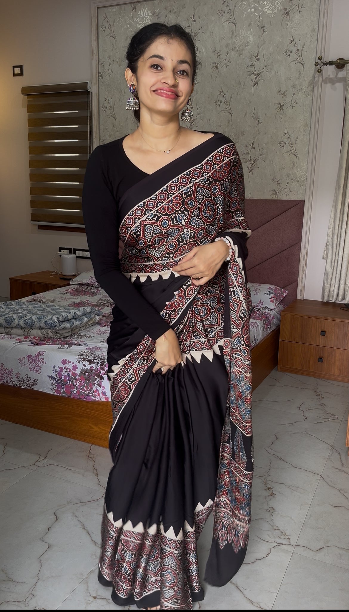 Pure modal silk ajrak handblock saree- black