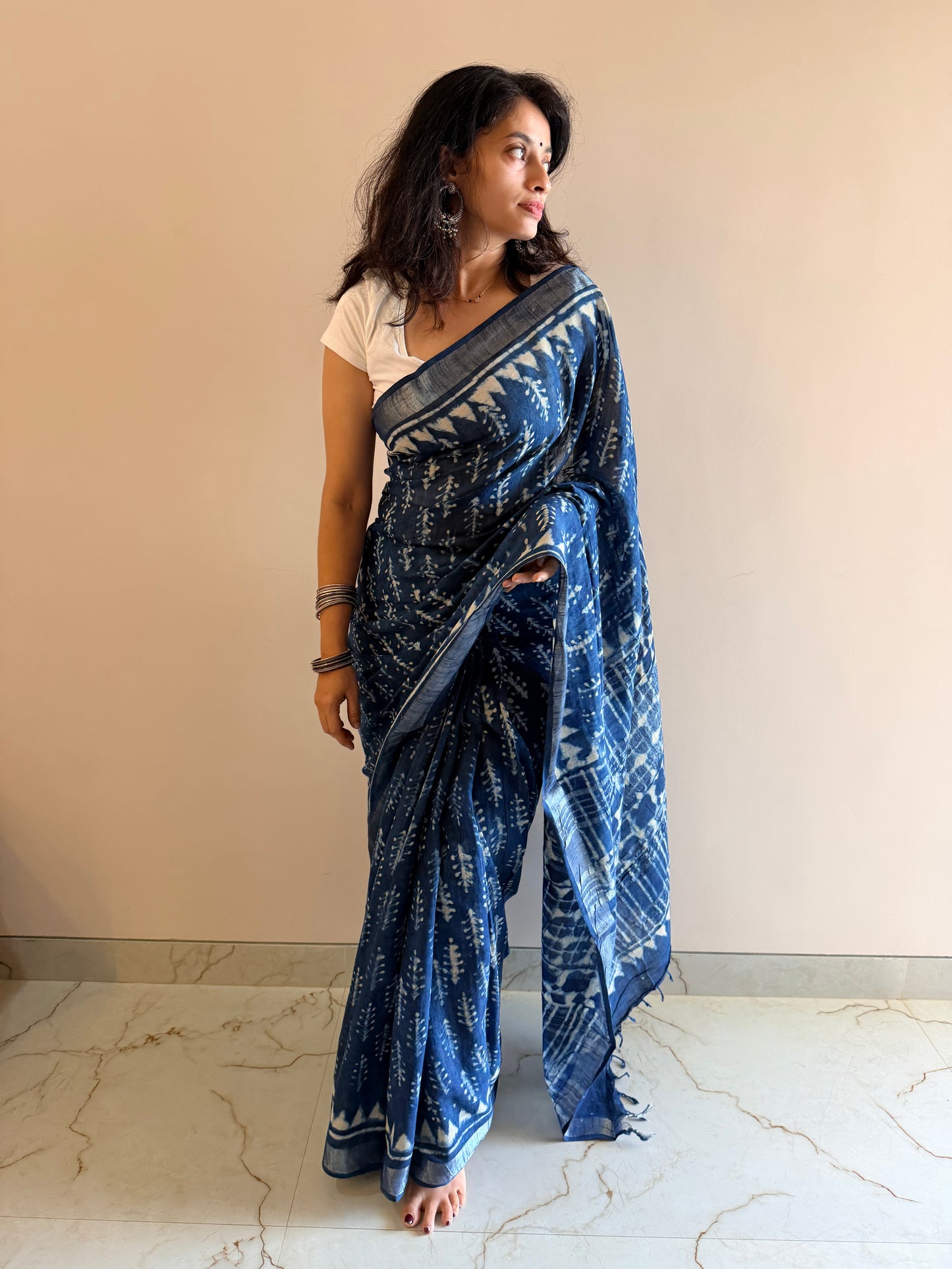 Linen slub handblock indigo saree