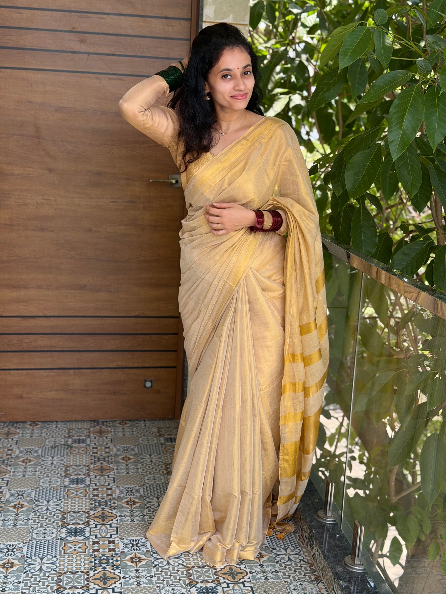 Golden glow mul cotton saree