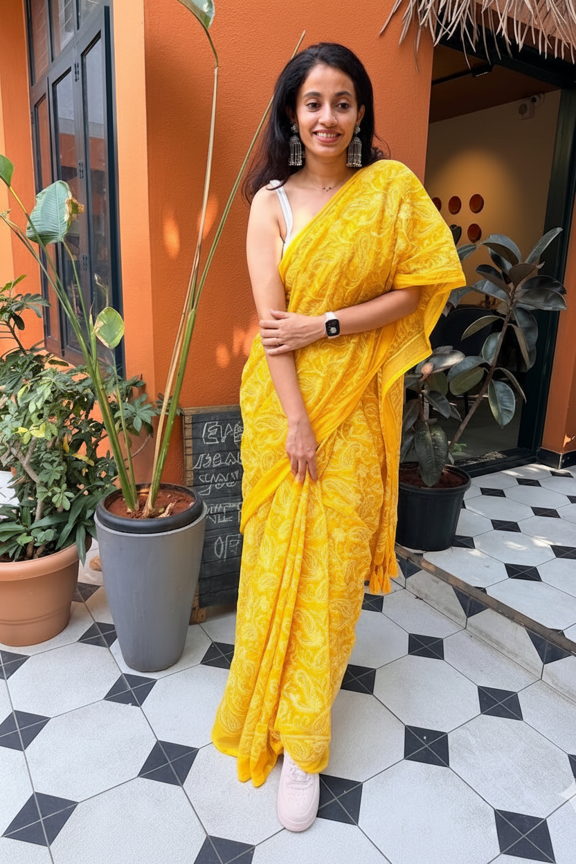 Sunshine - Pure Mul chikankari embroidery saree