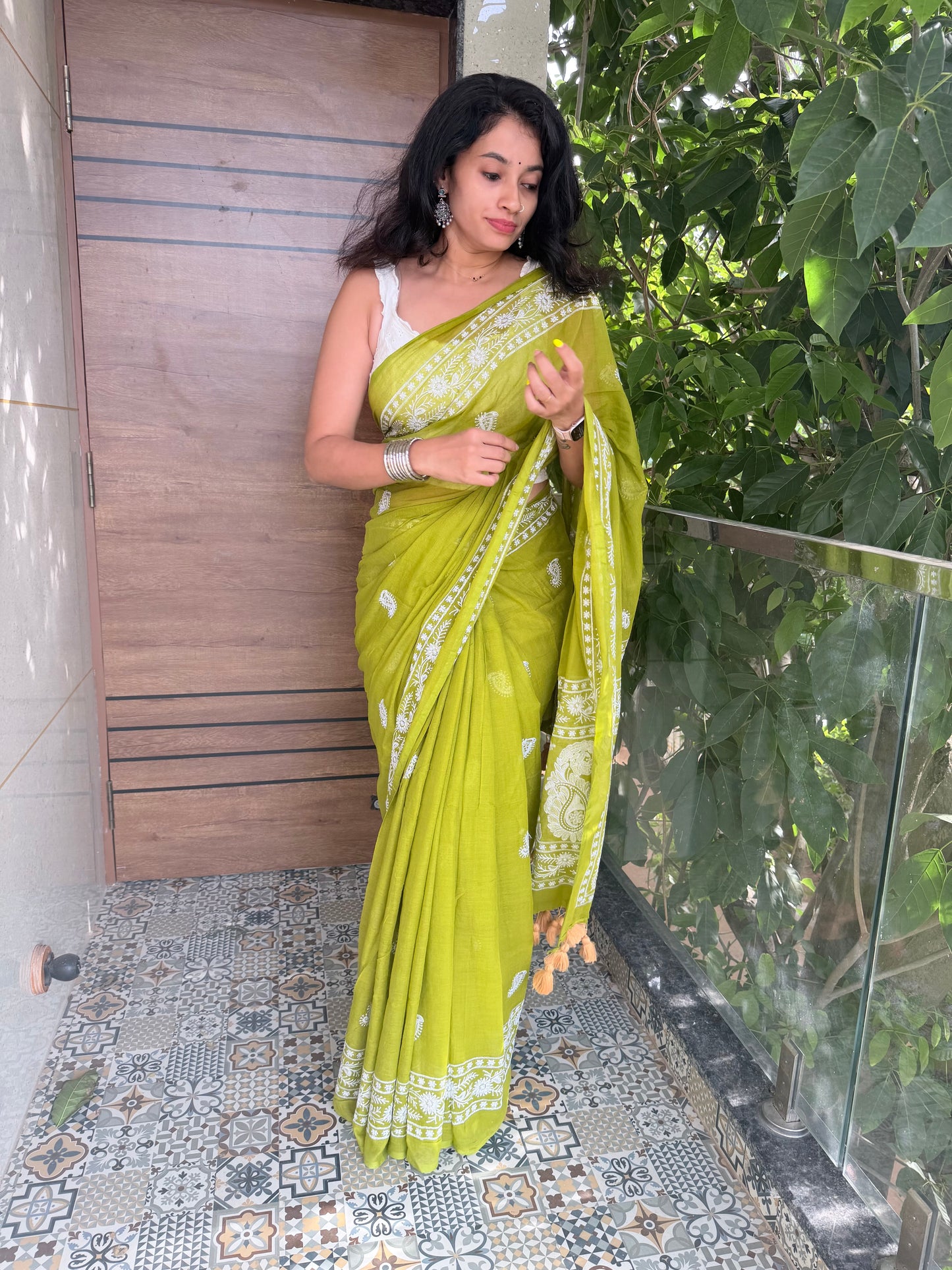 Mehendi green - Pure Mul chikankari embroidery