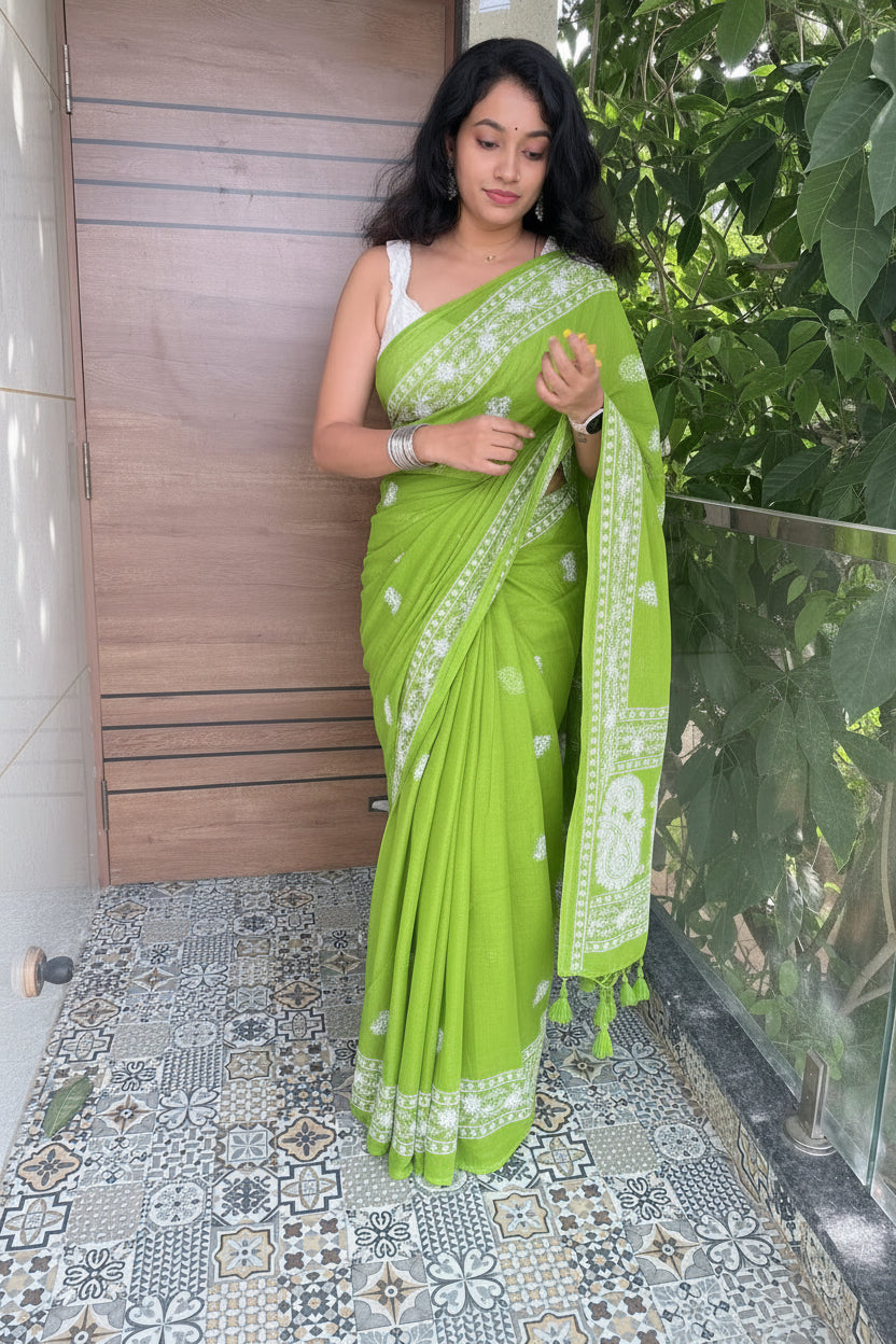 Parrot green - Pure Mul chikankari embroidery