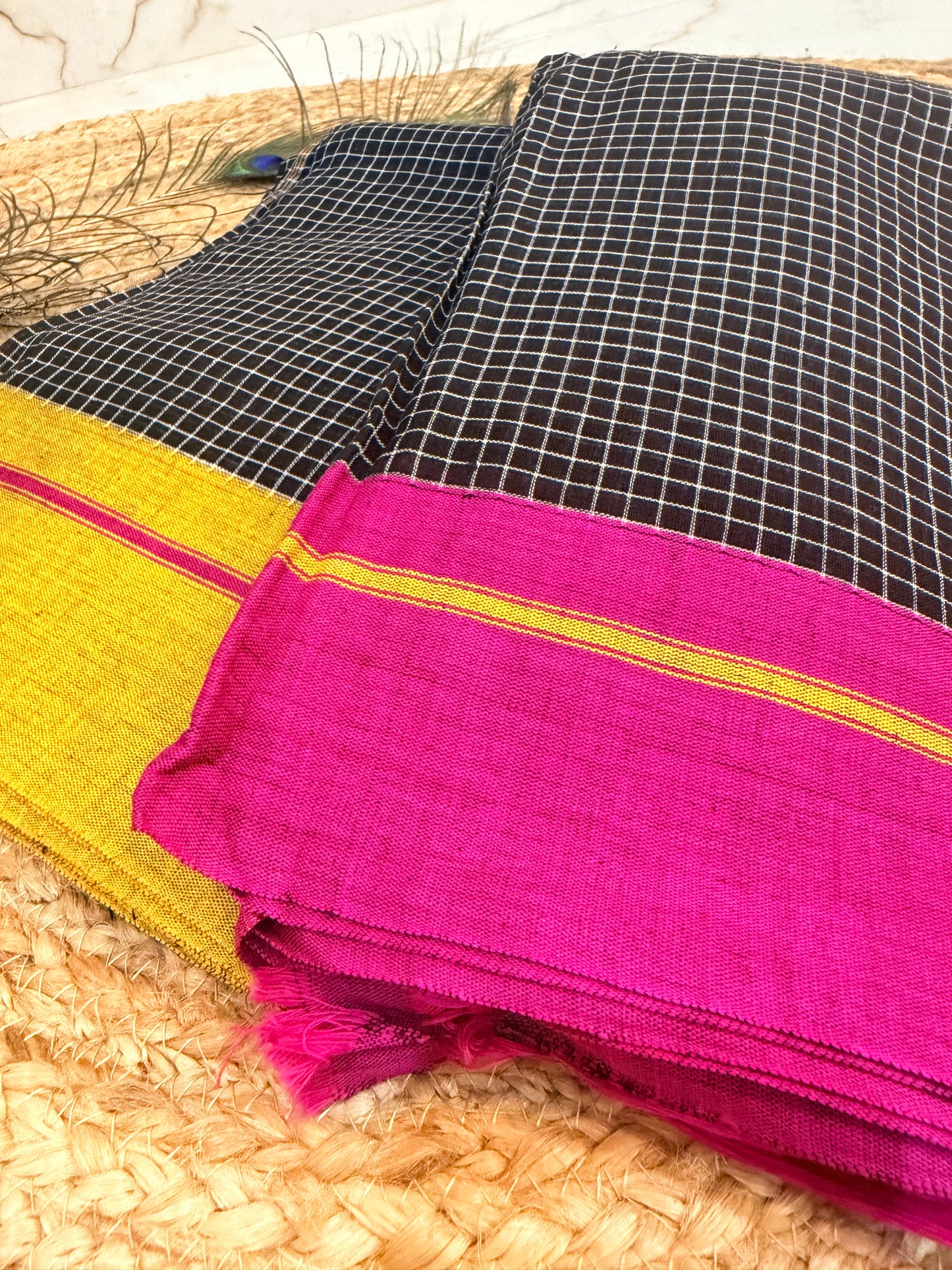 Ganga - Pure handloom patteda anchu pink and yellow