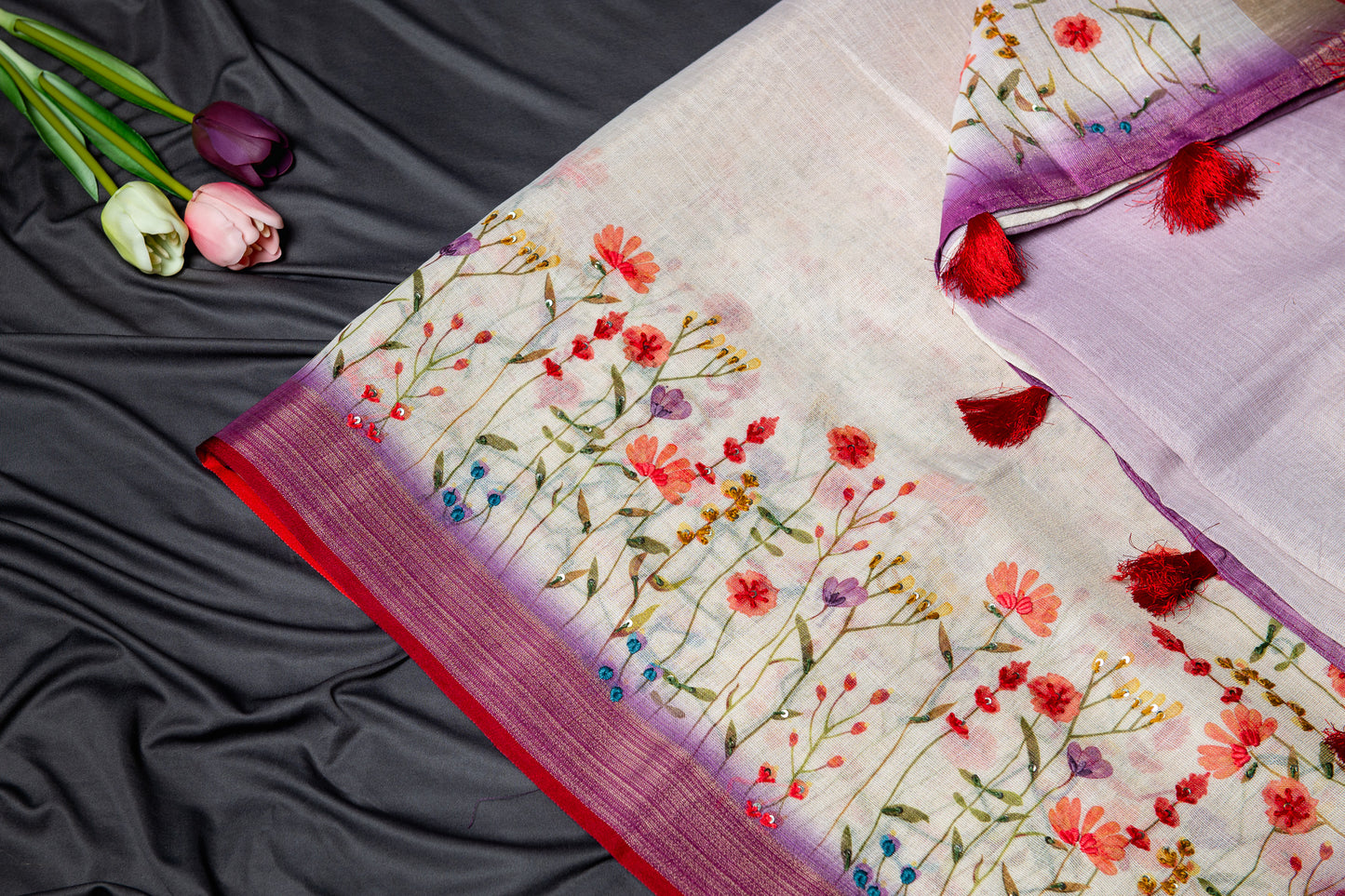 Tussar tissue silk floral hand embroidery -Lavender and off white