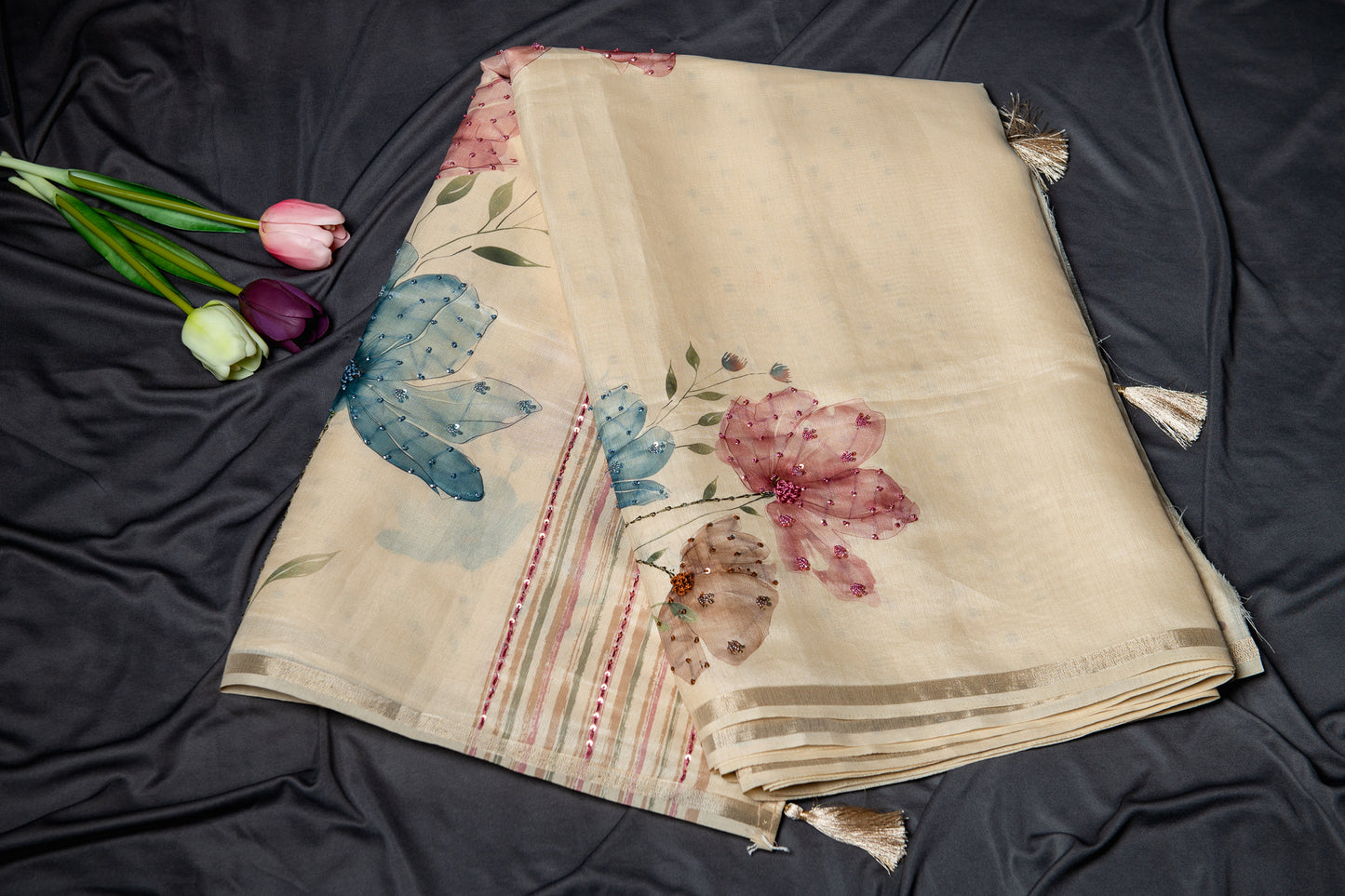 Tussar silk floral hand embroidery -Beige