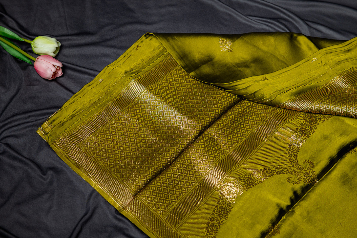 Premium Banarasi Mashru silk with weaving- Mehendi green