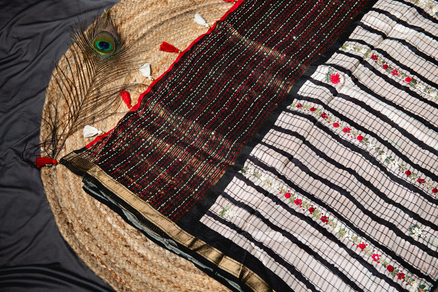 Premium Soft munga silk with frenchknot hand embroidery