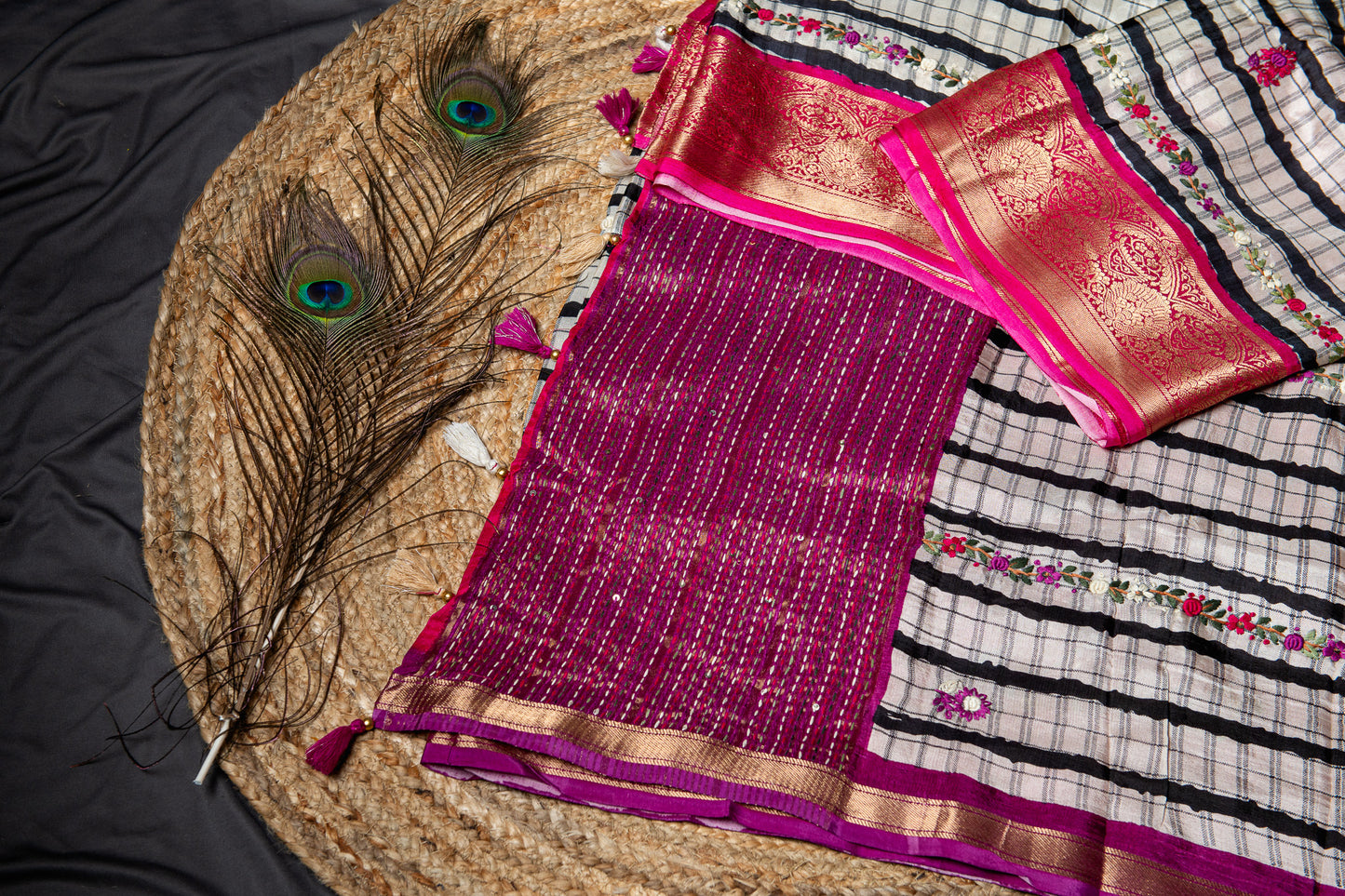 Premium Soft munga silk with frenchknot hand embroidery