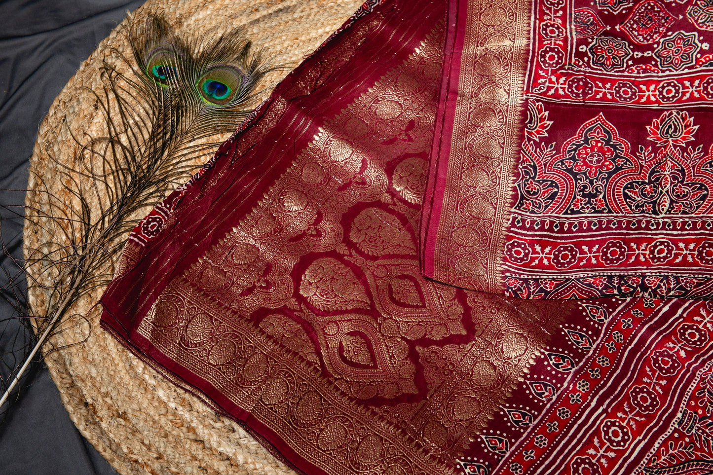 Pure Dola silk ajrakh handblock print saree -Maroon