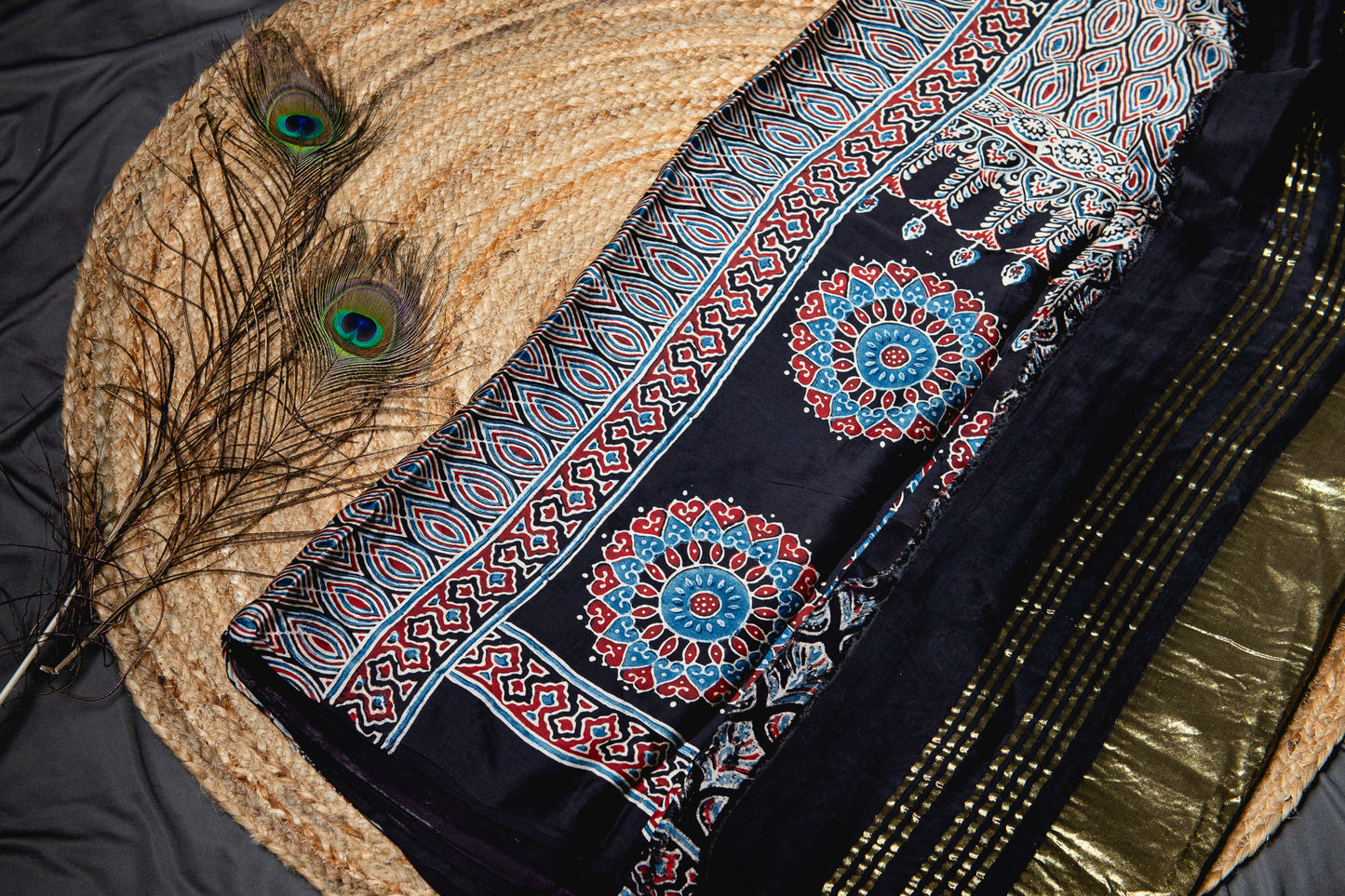 Pure modal silk ajrak handblock saree- black