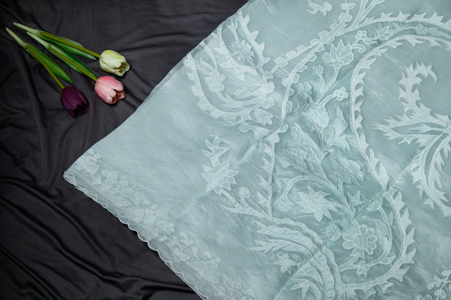 Pure organza applique work saree- Pastel blue