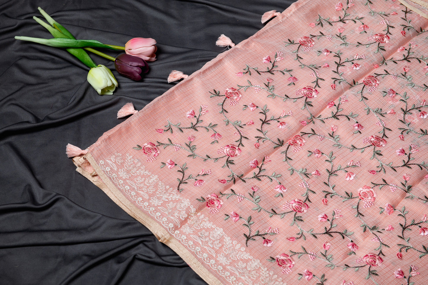 Pure Kota floral embroidery saree- peach