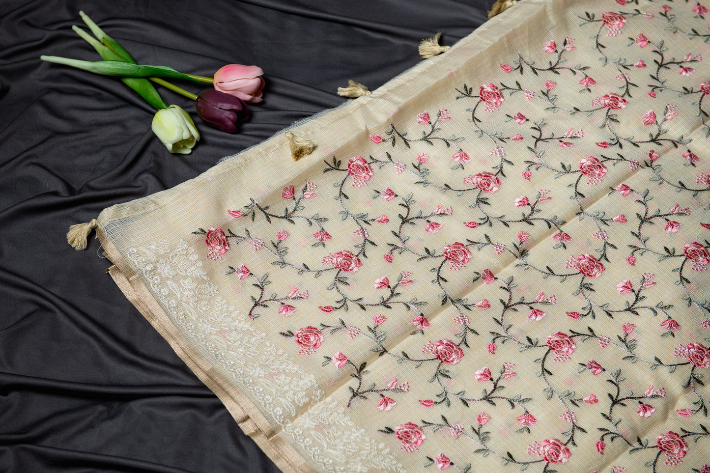 Pure Kota floral embroidery saree- yellow
