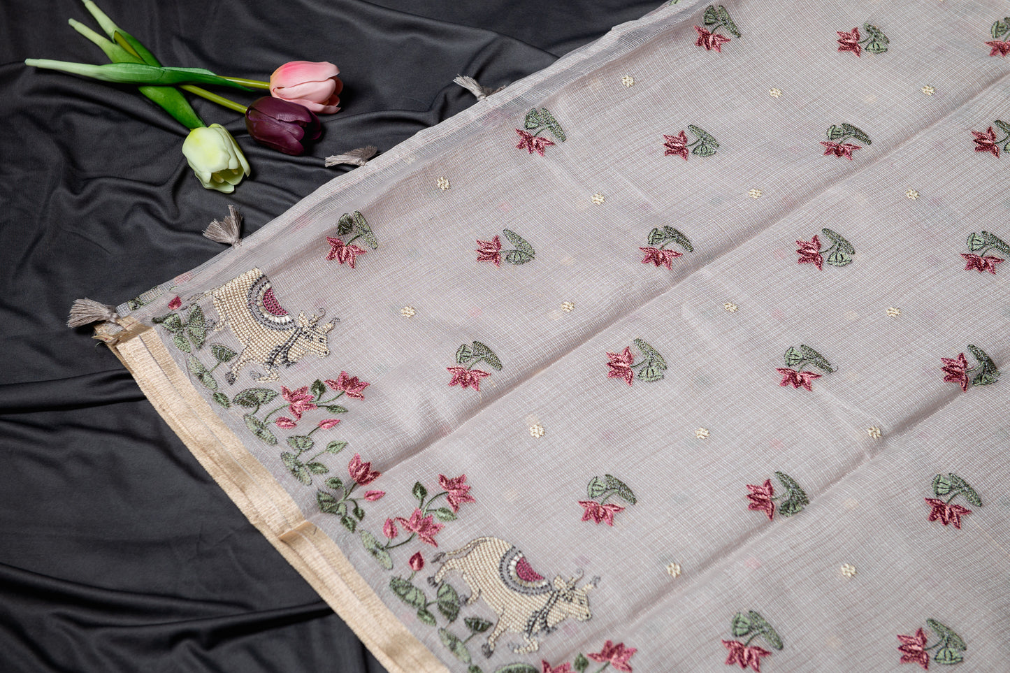 Pure Kota pichwai embroidery saree-Grey