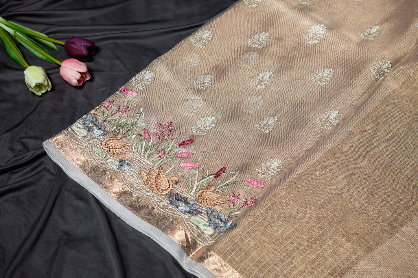 Kota tissue floral embroidery saree - gold