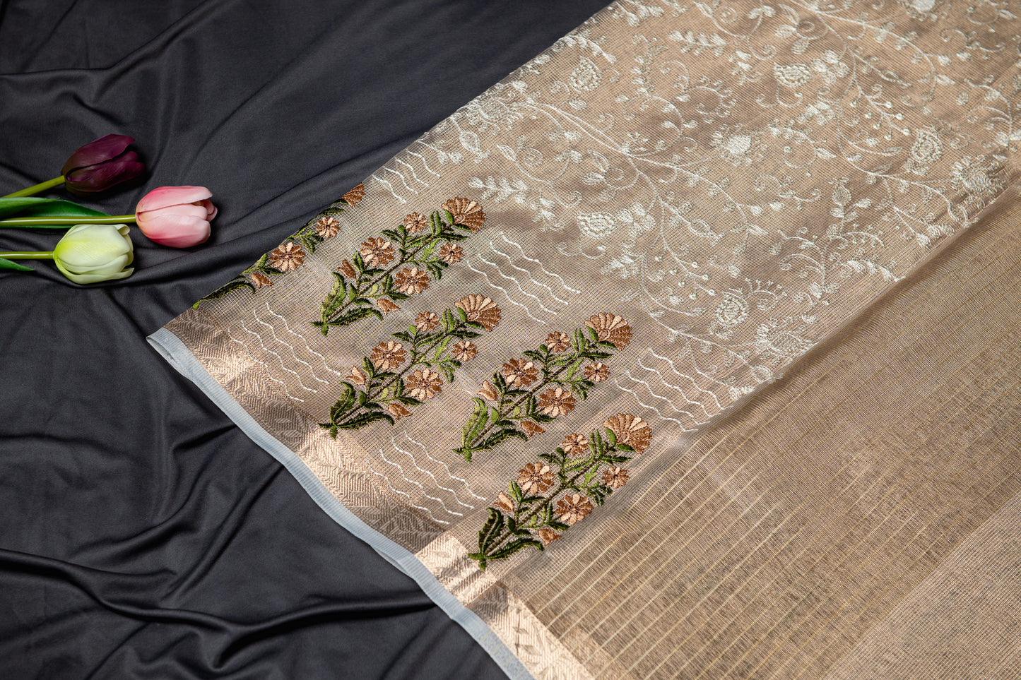 Kota tissue floral embroidery saree - gold