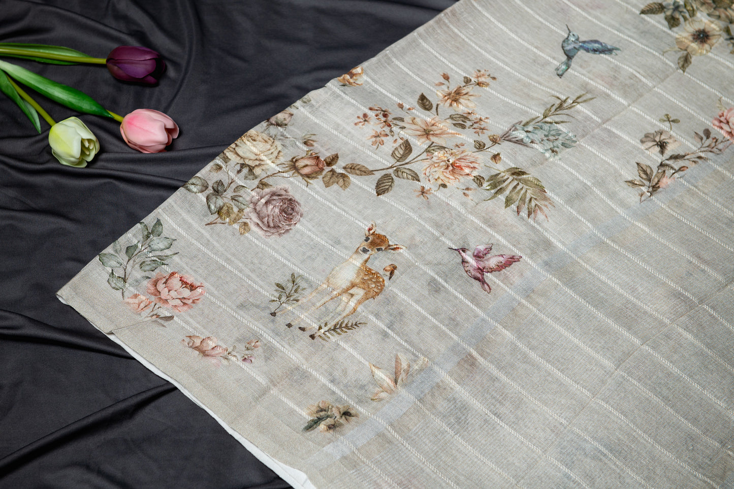 Pure linen printed saree - Grey