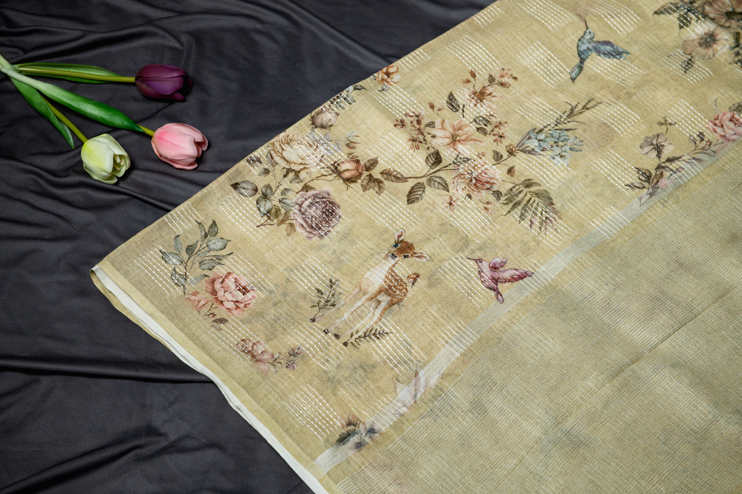 Pure Linen deer kantha work saree