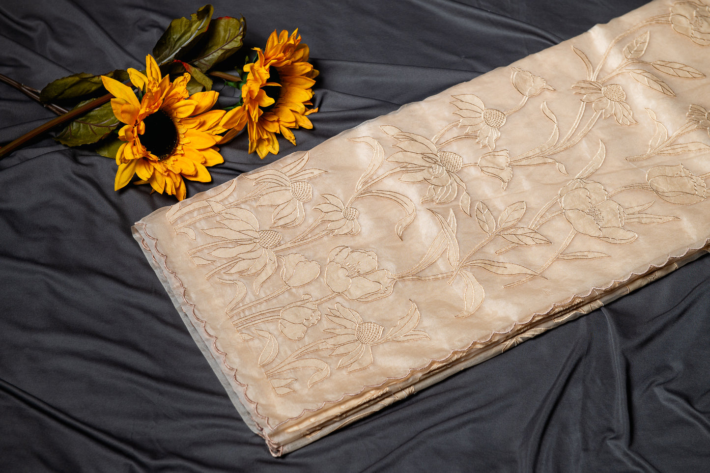 Organza glass tissue applique saree - Gold