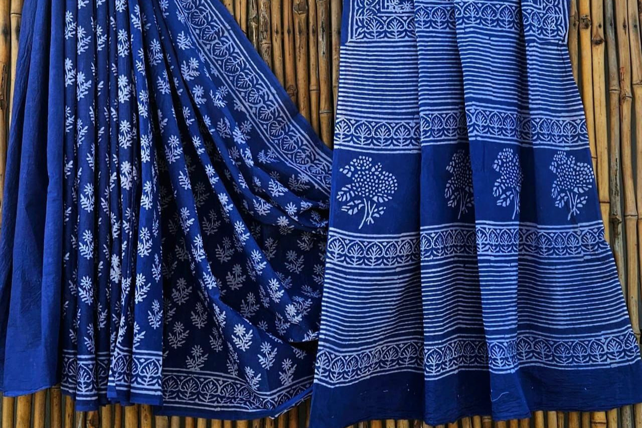 Pure Mul handblock saree - Blue
