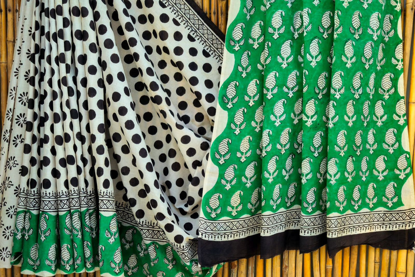 Pure Mul handblock saree - off white with Polka dots