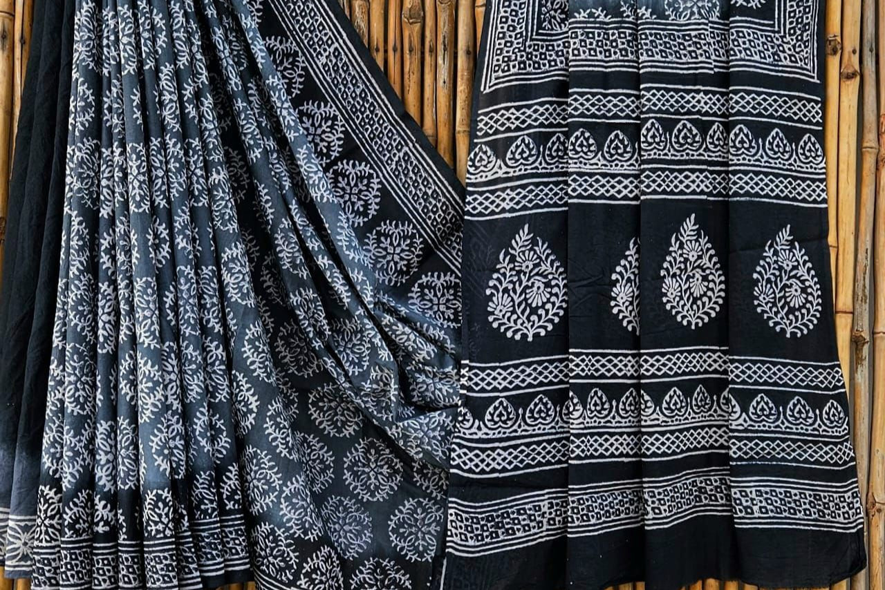 Pure Mul handblock saree - Grey