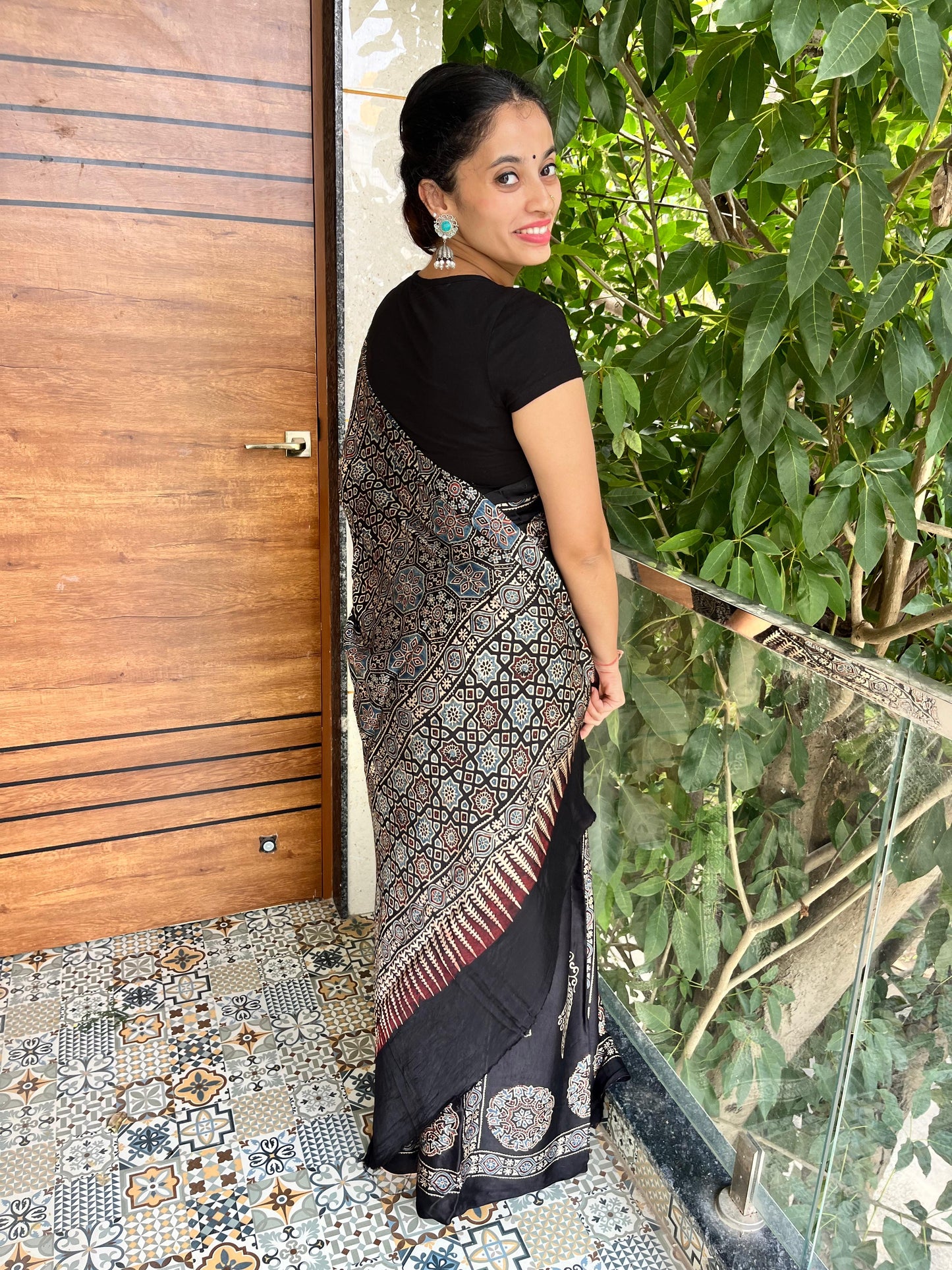 Pure modal silk ajrak handblock saree- black1