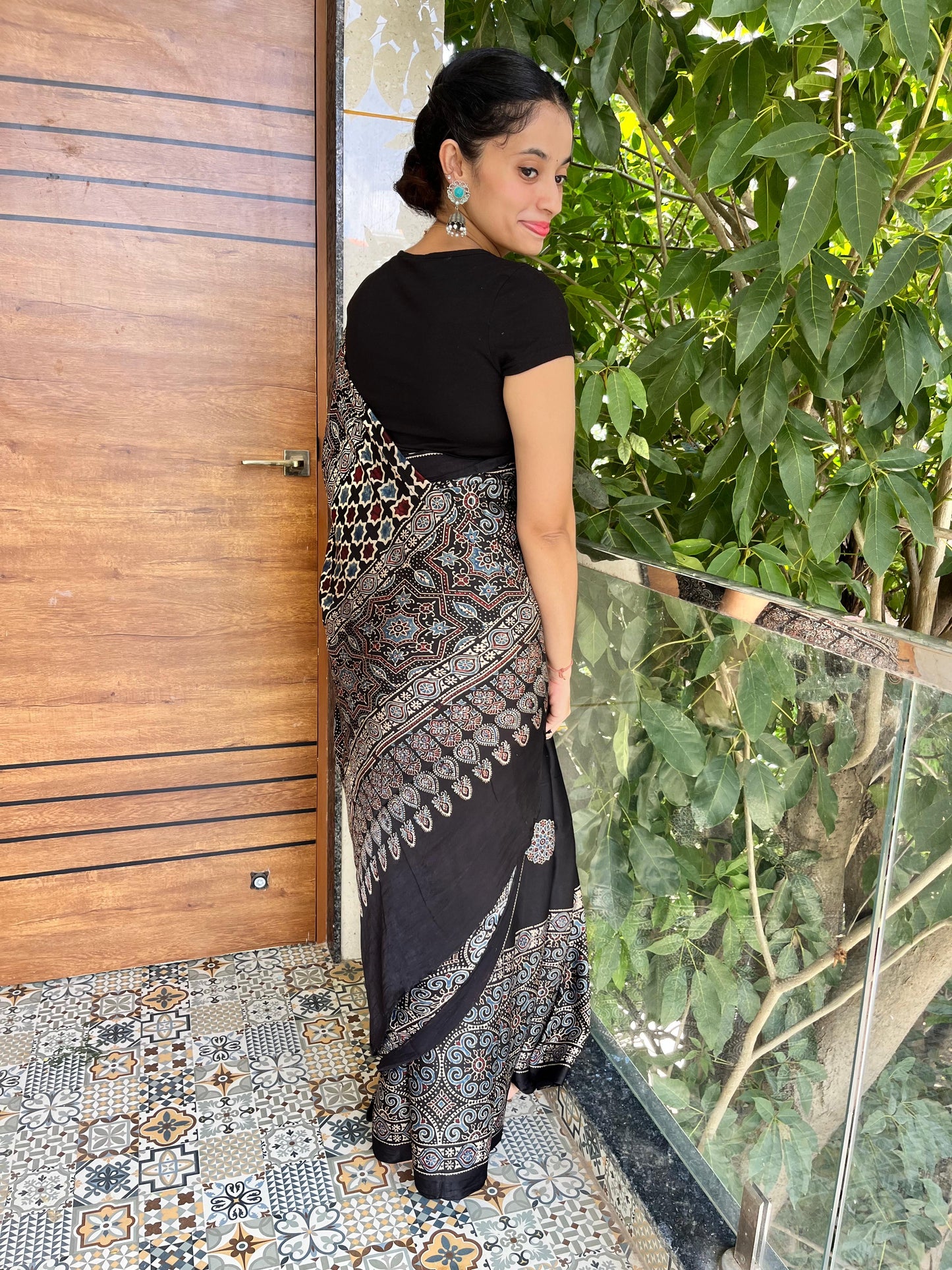 Pure modal silk ajrak handblock saree- black2