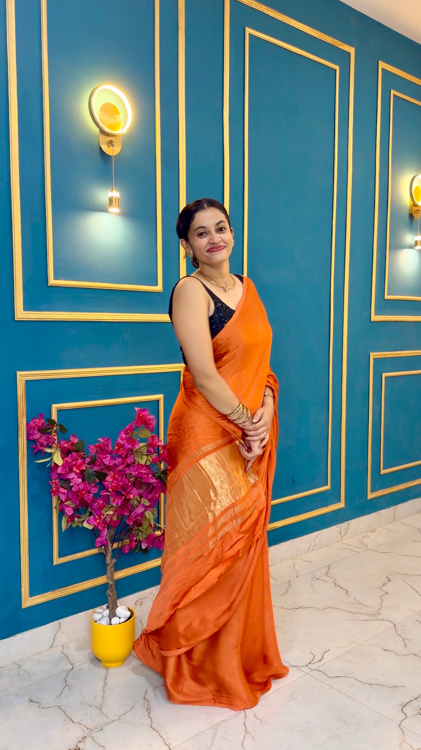 Rust orange pure modal silk saree