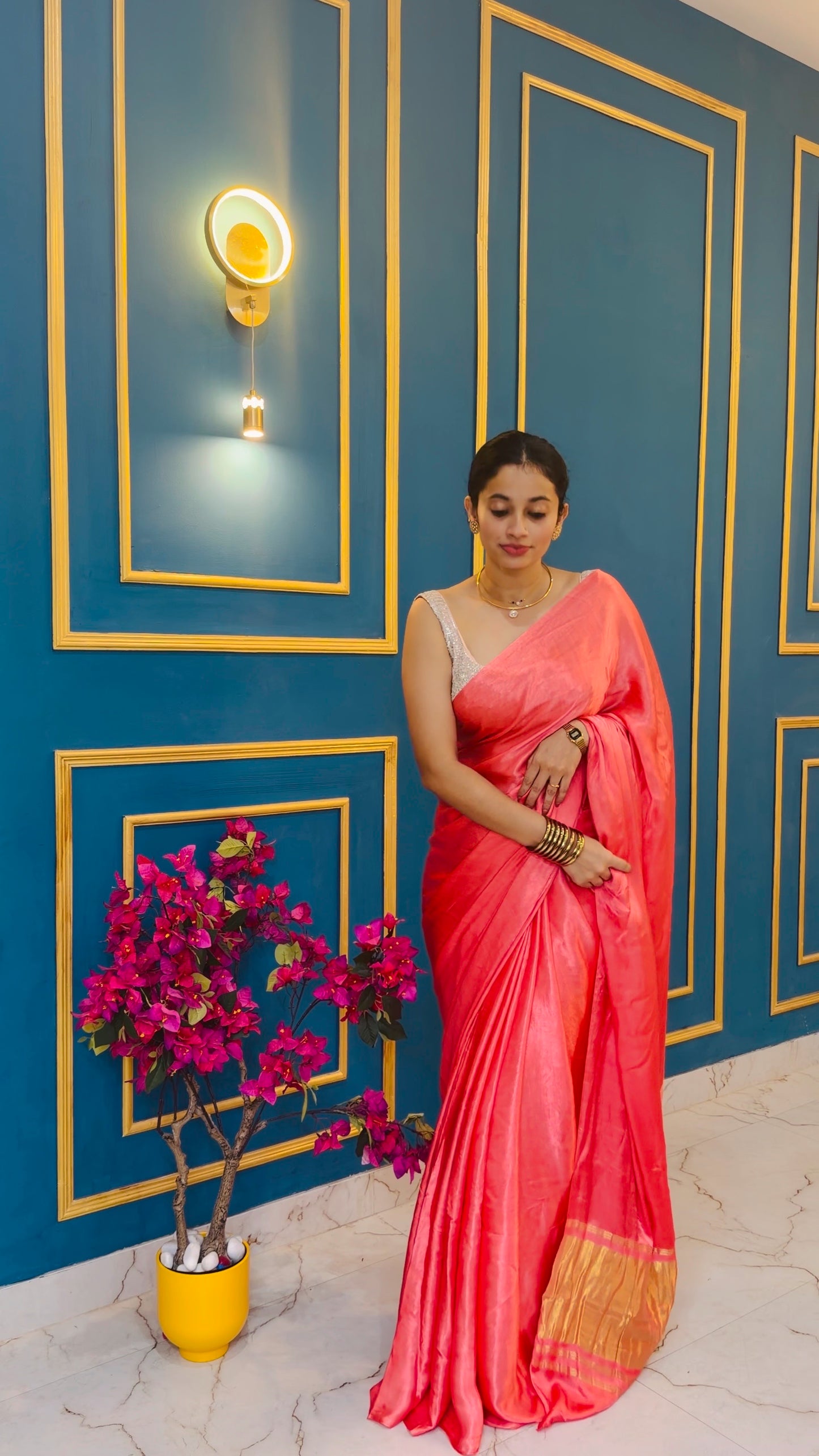 Coral pink pure modal silk saree