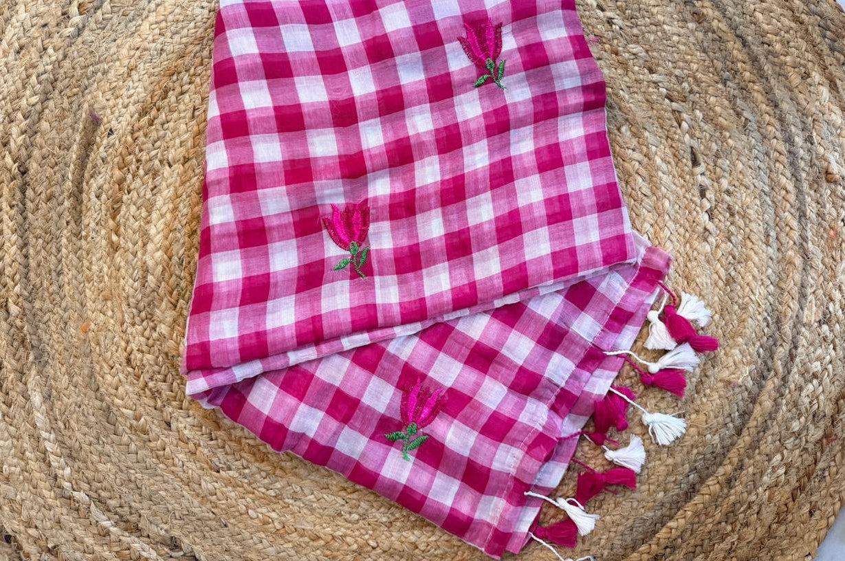 Checkmate-Gingham pink embroidery saree