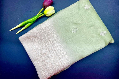 Pure organza embroidery premium saree- Pastel green