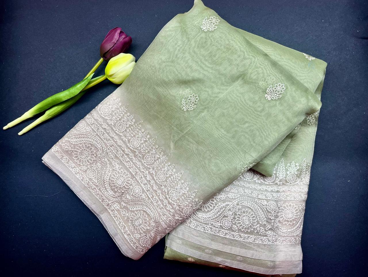 Pure organza embroidery premium saree- Pastel green