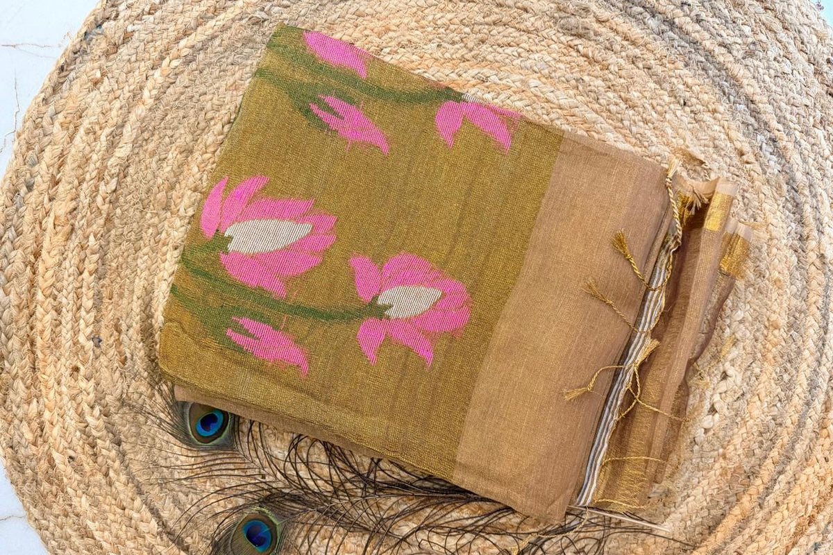 Golden glow- Pure handloom Linen tissue saree