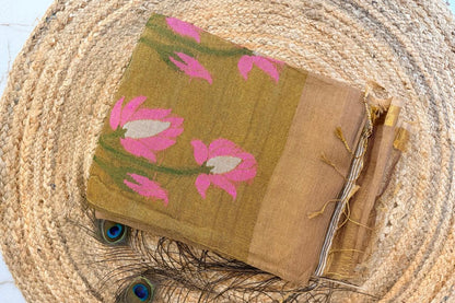 Golden glow- Pure handloom Linen tissue saree