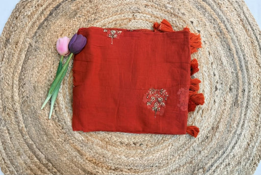Rust orange - Pure mul Hand embroidery saree