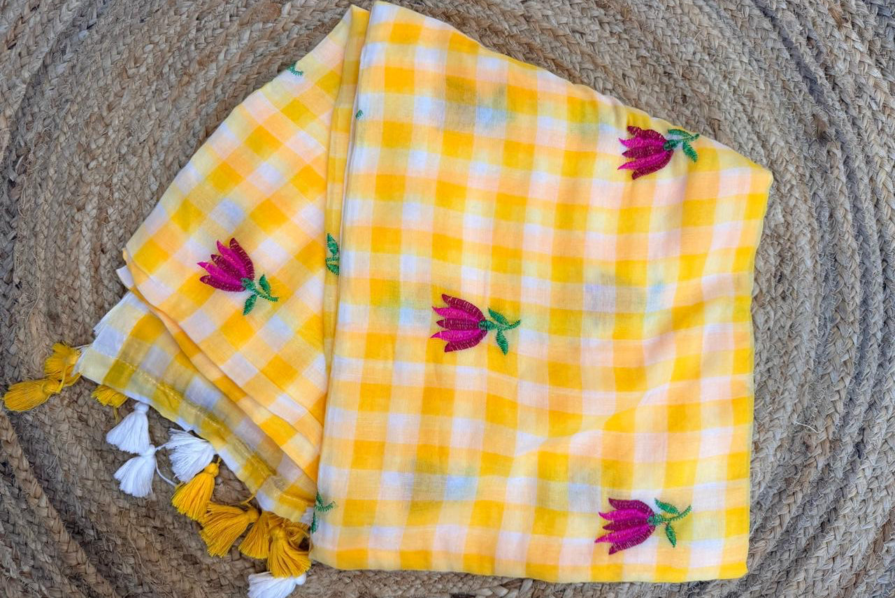 Checkmate-Gingham yellow embroidery saree