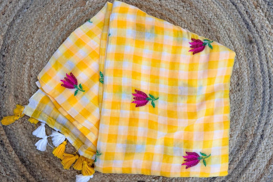 Checkmate-Gingham yellow embroidery saree
