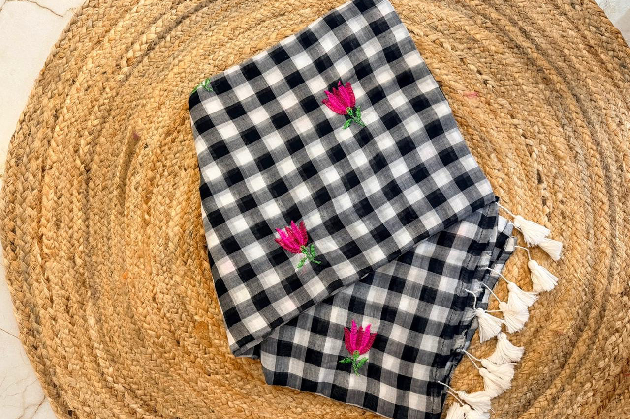 Checkmate-Gingham black embroidery saree