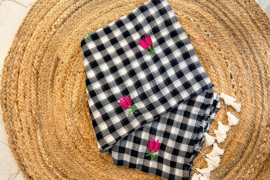 Checkmate-Gingham black embroidery saree