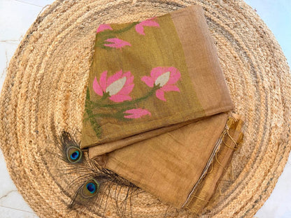Golden glow- Pure handloom Linen tissue saree